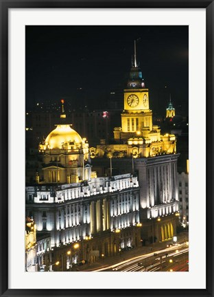 Framed Night View of Colonial Buildings on the Bund, Shanghai, China Print