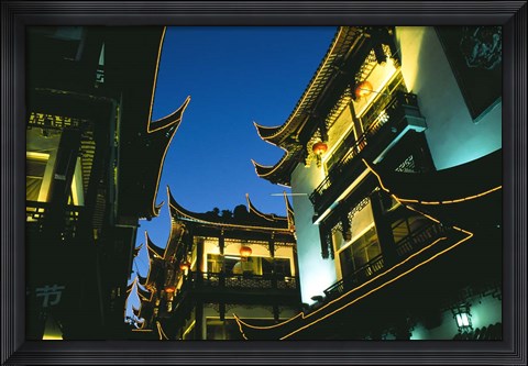 Framed Night View of Traditional Architecture at Yuyuan Bazaar, Shanghai, China Print