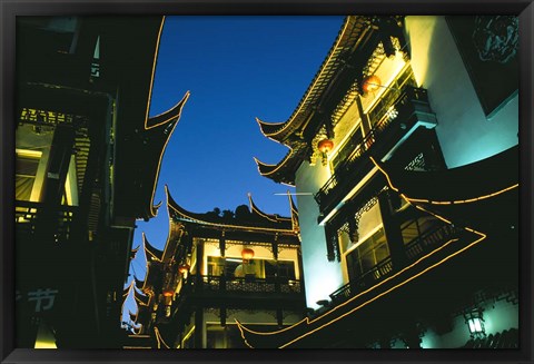 Framed Night View of Traditional Architecture at Yuyuan Bazaar, Shanghai, China Print