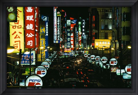 Framed Night View of Busy Nanjing Road, Shanghai, China Print