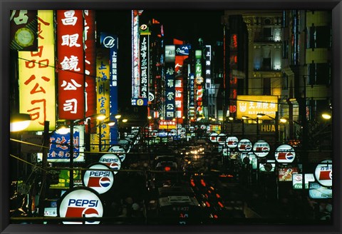 Framed Night View of Busy Nanjing Road, Shanghai, China Print