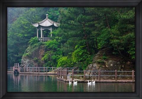 Framed Pavilion with lake in the mountain, Tiantai Mountain, Zhejiang Province, China Print