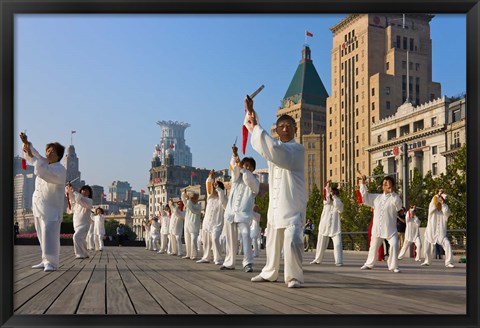 Framed People practicing Taiji with sword on the Bund in the morning, Shanghai, China Print