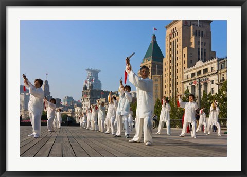 Framed People practicing Taiji with sword on the Bund in the morning, Shanghai, China Print