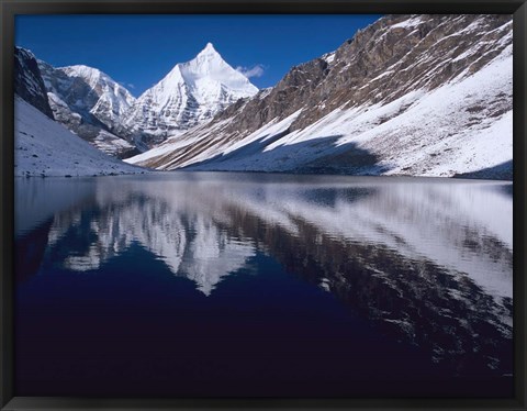 Framed Mount Jichu Drake in Sophu lake, Jigme Dorji NP, Bhutan Print