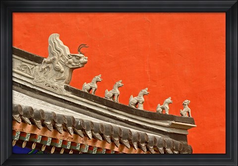 Framed Rooftop figures and colorful wall, Forbidden City, Beijing, China Print