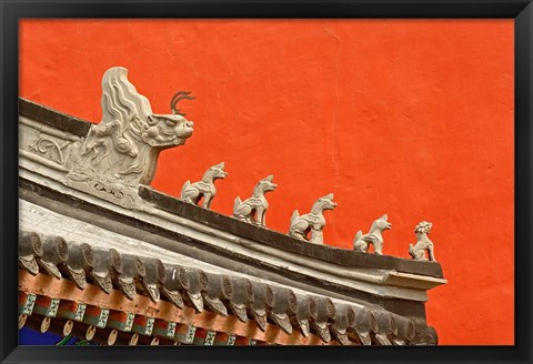 Framed Rooftop figures and colorful wall, Forbidden City, Beijing, China Print