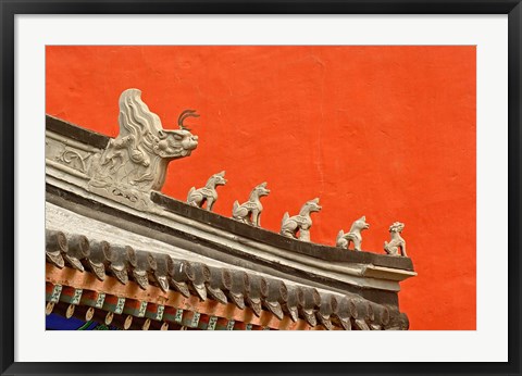 Framed Rooftop figures and colorful wall, Forbidden City, Beijing, China Print