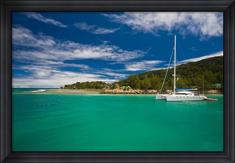 Framed Seychelles, La Digue Island, La Passe waterfront Print