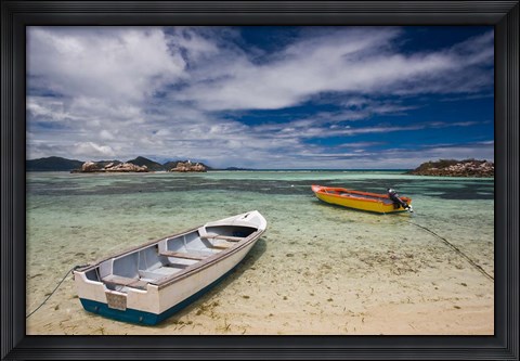 Framed Seychelles, La Digue Island, Fishing boats Print