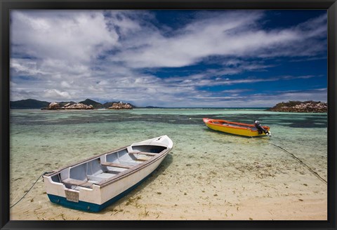 Framed Seychelles, La Digue Island, Fishing boats Print