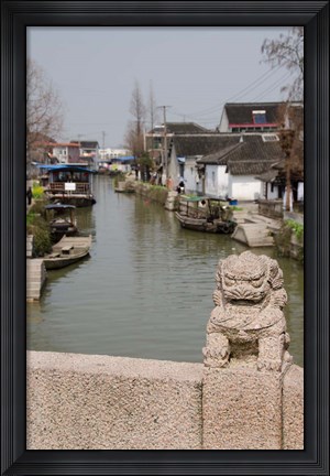 Framed Stone lion on bridge, Zhujiajiao, Shanghai, China Print