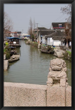 Framed Stone lion on bridge, Zhujiajiao, Shanghai, China Print