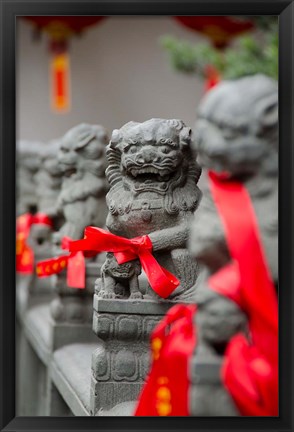 Framed Stone lions with red ribbon, Jade Buddah Temple, Shanghai, China Print