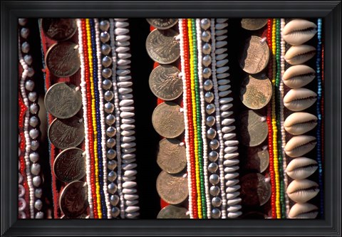 Framed Traditional Akha fabric and clothing displayed as a souvenir, Burma Print