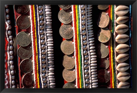 Framed Traditional Akha fabric and clothing displayed as a souvenir, Burma Print