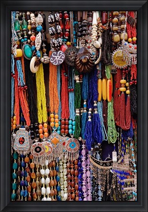 Framed Souvenir necklaces at market in Luxor, Egypt Print