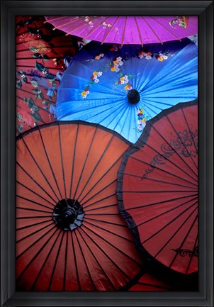 Framed Souvenir parasols for sale at a market, Rangoon, Burma Print