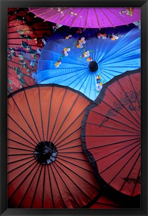 Framed Souvenir parasols for sale at a market, Rangoon, Burma Print