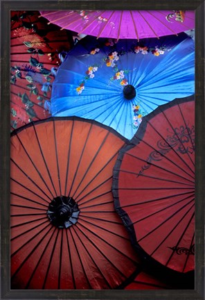 Framed Souvenir parasols for sale at a market, Rangoon, Burma Print