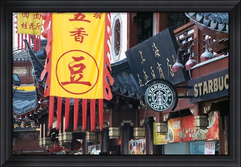 Framed Starbucks in City God Temple at Yuyuang Bazaar, Shanghai, China Print