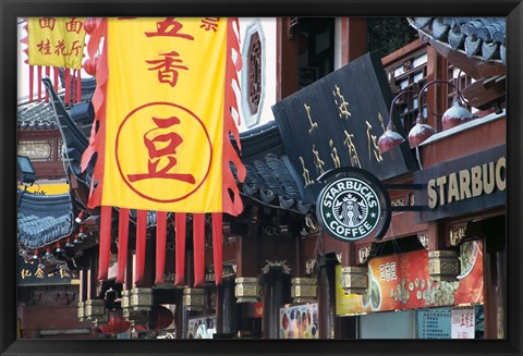 Framed Starbucks in City God Temple at Yuyuang Bazaar, Shanghai, China Print