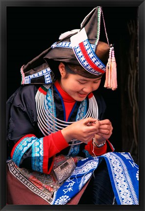 Framed Tip-Top Miao Girl Doing Traditional Embroidery, China Print