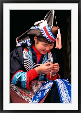 Framed Tip-Top Miao Girl Doing Traditional Embroidery, China Print