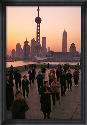 Framed Tai-Chi on the Bund, Oriental Pearl TV Tower and High Rises, Shanghai, China Print