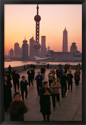 Framed Tai-Chi on the Bund, Oriental Pearl TV Tower and High Rises, Shanghai, China Print