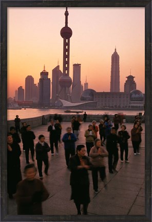 Framed Tai-Chi on the Bund, Oriental Pearl TV Tower and High Rises, Shanghai, China Print
