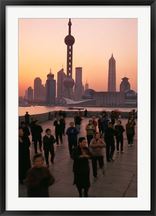 Framed Tai-Chi on the Bund, Oriental Pearl TV Tower and High Rises, Shanghai, China Print