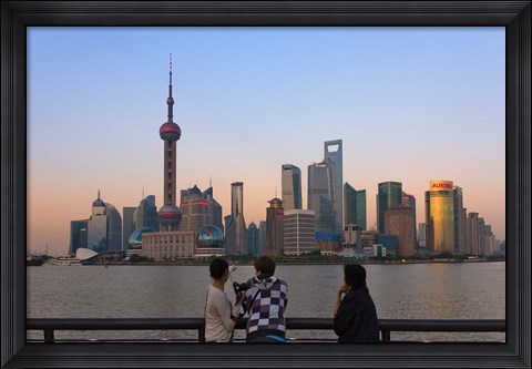 Framed Pudong skyline dominated by Oriental Pearl TV Tower, Shanghai, China Print