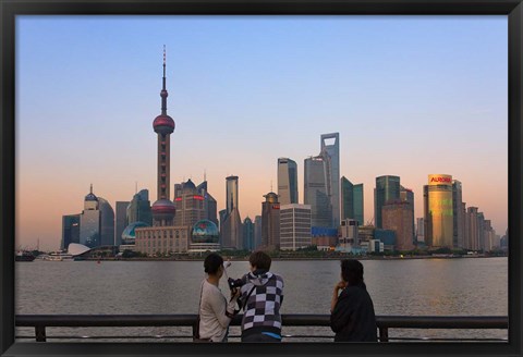 Framed Pudong skyline dominated by Oriental Pearl TV Tower, Shanghai, China Print