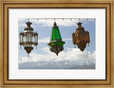 Framed View of the High Atlas Mountains and Lanterns for Sale, Ourika Valley, Marrakech, Morocco Print