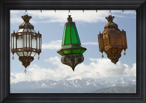 Framed View of the High Atlas Mountains and Lanterns for Sale, Ourika Valley, Marrakech, Morocco Print