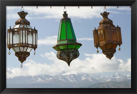 Framed View of the High Atlas Mountains and Lanterns for Sale, Ourika Valley, Marrakech, Morocco Print