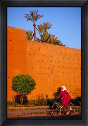 Framed Veiled Woman Bicycling Below Red City Walls, Marrakech, Morocco Print
