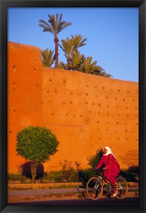 Framed Veiled Woman Bicycling Below Red City Walls, Marrakech, Morocco Print