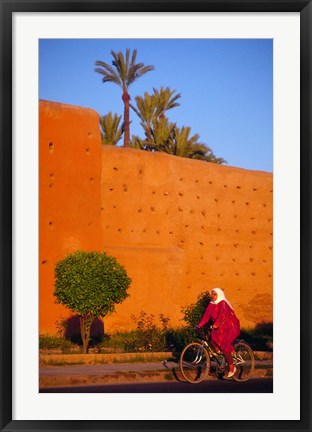 Framed Veiled Woman Bicycling Below Red City Walls, Marrakech, Morocco Print