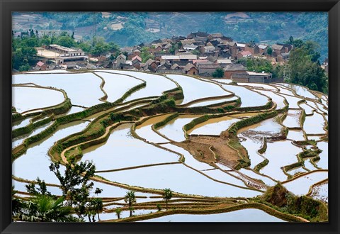 Framed Village Beside Flooded Jiayin Terraces, Honghe County, Yunnan, China Print