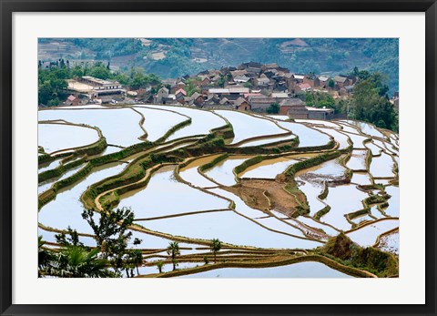 Framed Village Beside Flooded Jiayin Terraces, Honghe County, Yunnan, China Print