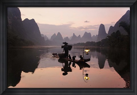 Framed Traditional Chinese Fisherman with Cormorants, Li River, Guilin, China Print