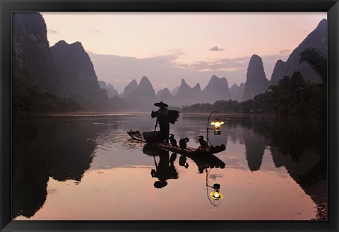 Framed Traditional Chinese Fisherman with Cormorants, Li River, Guilin, China Print