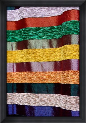 Framed Colorful silk textiles, Fes, Morocco, Africa Print