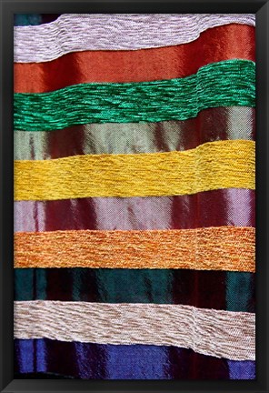 Framed Colorful silk textiles, Fes, Morocco, Africa Print