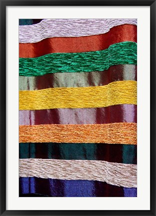 Framed Colorful silk textiles, Fes, Morocco, Africa Print