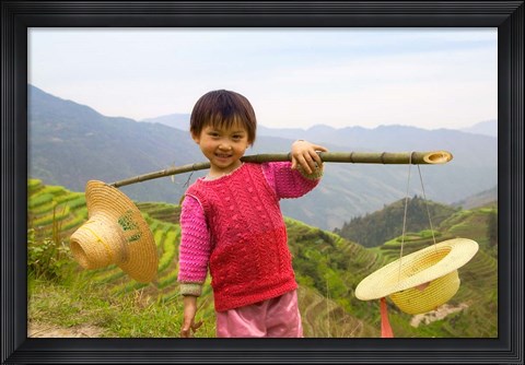 Framed Young Girl Carrying Shoulder Pole with Straw Hats, China Print