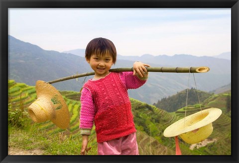 Framed Young Girl Carrying Shoulder Pole with Straw Hats, China Print