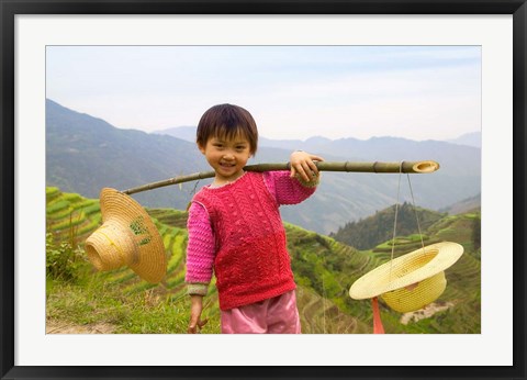 Framed Young Girl Carrying Shoulder Pole with Straw Hats, China Print